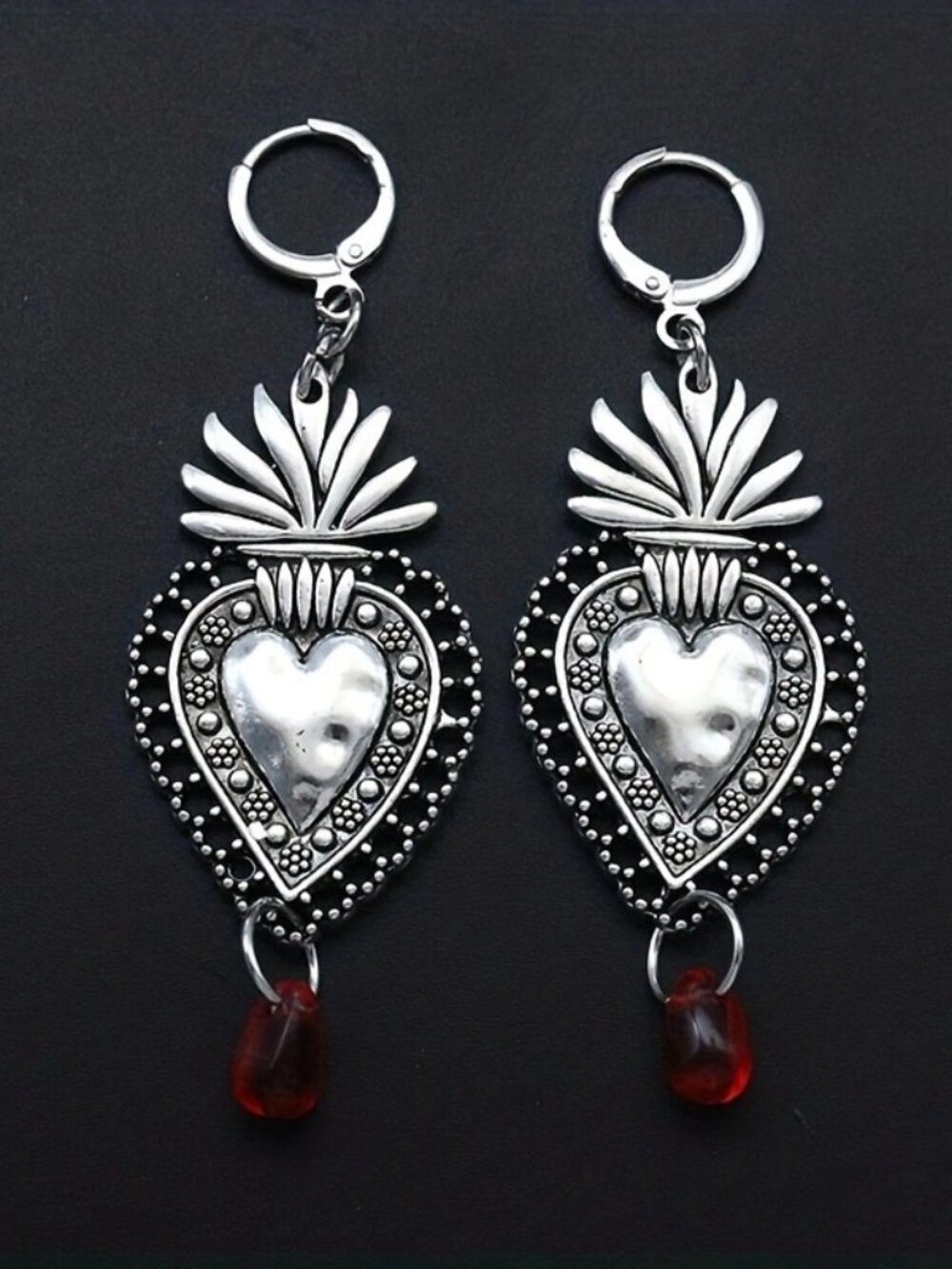 Flamed Heart Filigree Silver Hoop Earrings Red Glass Teardrop Accent Dangles